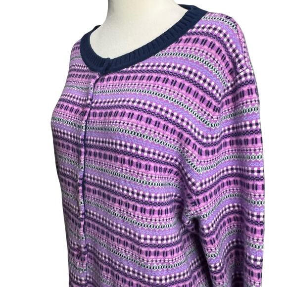 Talbots Cardigan Sweater Womens XL Purple Blue Fair Isle Striped Lambswool Cozy - Picture 3 of 14